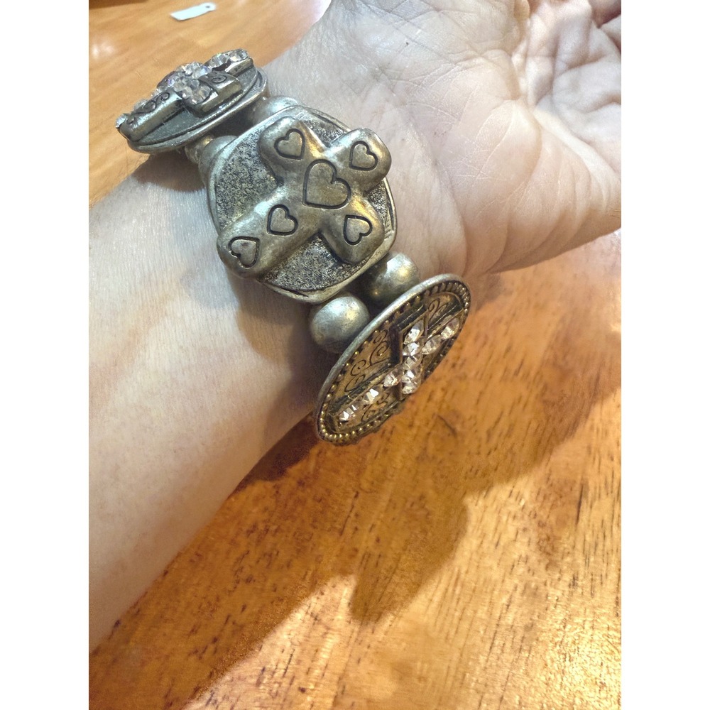 Vintage Silver Tone Multi Cross Rhinestone  Chunky Stretch Statement Bracelet